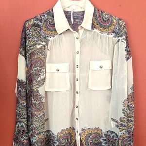 Free People Sheer button down parsley Blouse